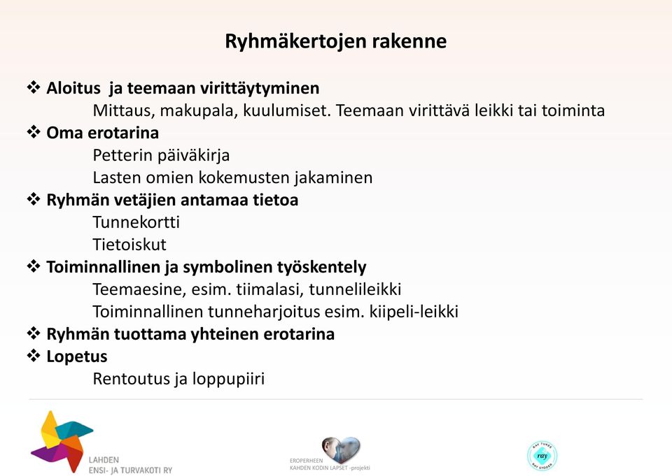 vetäjien antamaa tietoa Tunnekortti Tietoiskut Toiminnallinen ja symbolinen työskentely Teemaesine, esim.