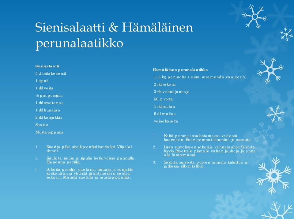 Sekoita persilja, smetana, hunaja ja konjakki keskenään ja yhdistä jäähtyneiden sienten sekaan. Mausta suolalla ja mustapippurilla. Hämäläinen perunalaatikko 1,5 kg perunoita ( esim.