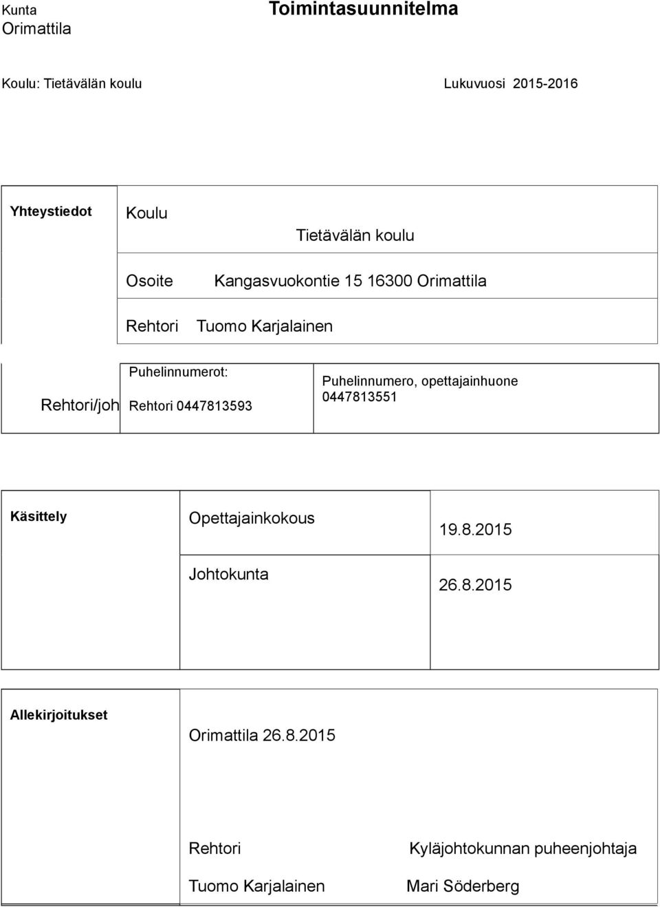 0447813593 Puhelinnumero, opettajainhuone 0447813551 Käsittely Opettajainkokous 19.8.2015 Johtokunta 26.8.2015 Allekirjoitukset Orimattila 26.