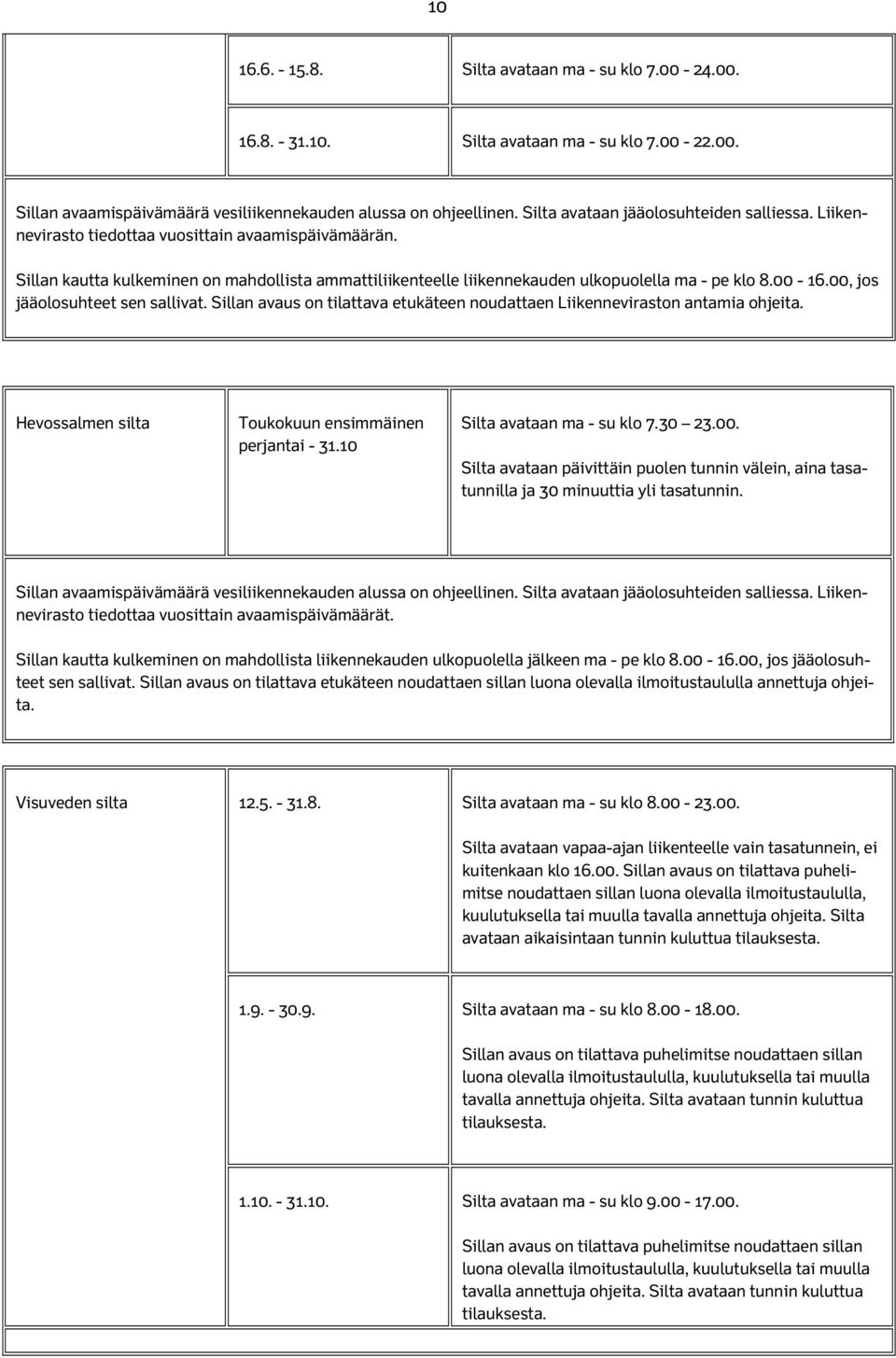 00-16.00, jos jääolosuhteet sen sallivat. Sillan avaus on tilattava etukäteen noudattaen Liikenneviraston antamia ohjeita. Hevossalmen silta Toukokuun ensimmäinen perjantai - 31.