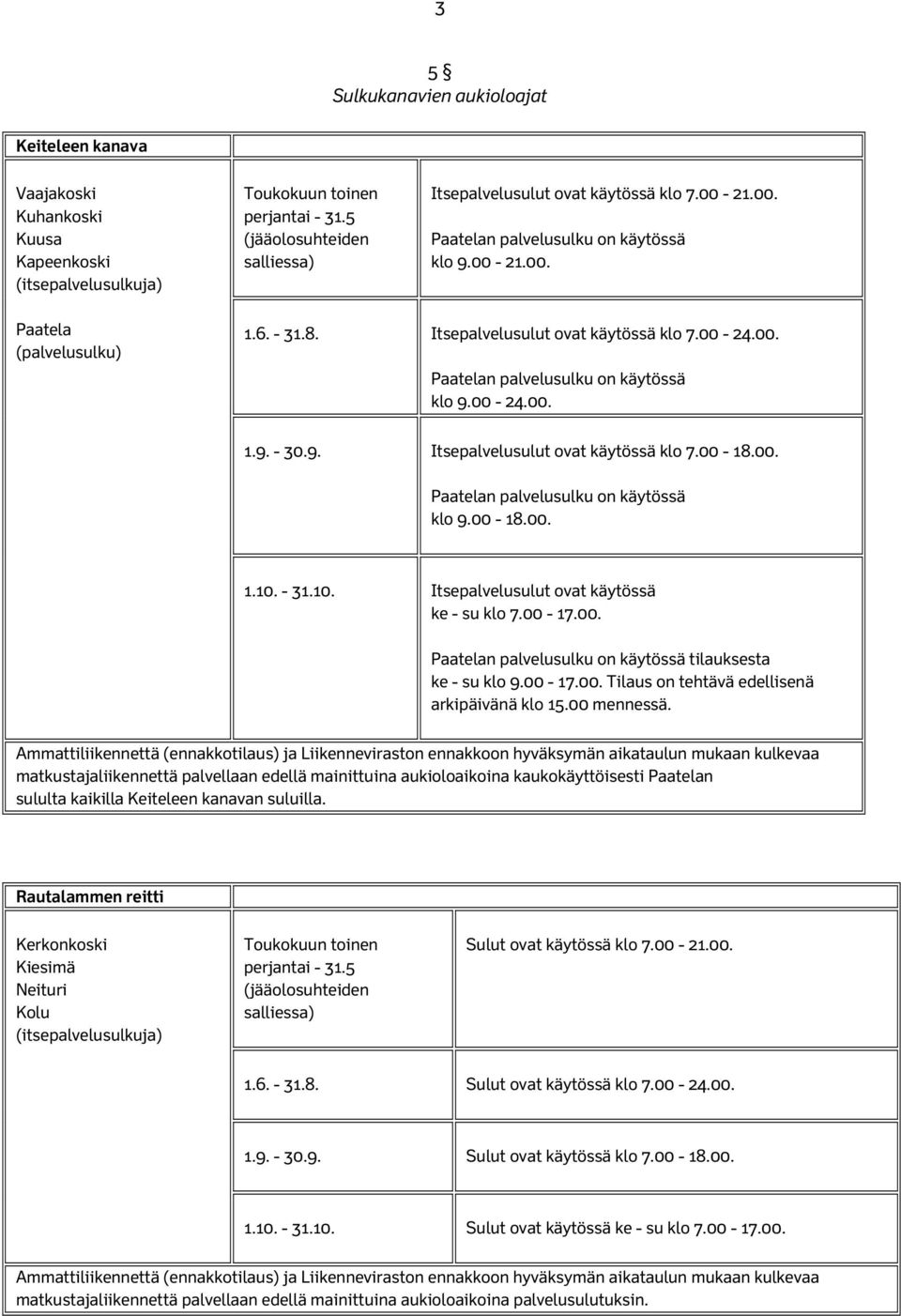 00. Paatelan palvelusulku on käytössä klo 9.00-24.00. 1.9. - 30.9. Itsepalvelusulut ovat käytössä klo 7.00-18.00. Paatelan palvelusulku on käytössä klo 9.00-18.00. 1.10.