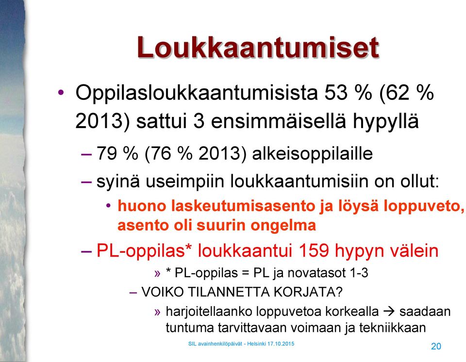 asento oli suurin ongelma PL-oppilas* loukkaantui 159 hypyn välein» * PL-oppilas = PL ja novatasot 1-3