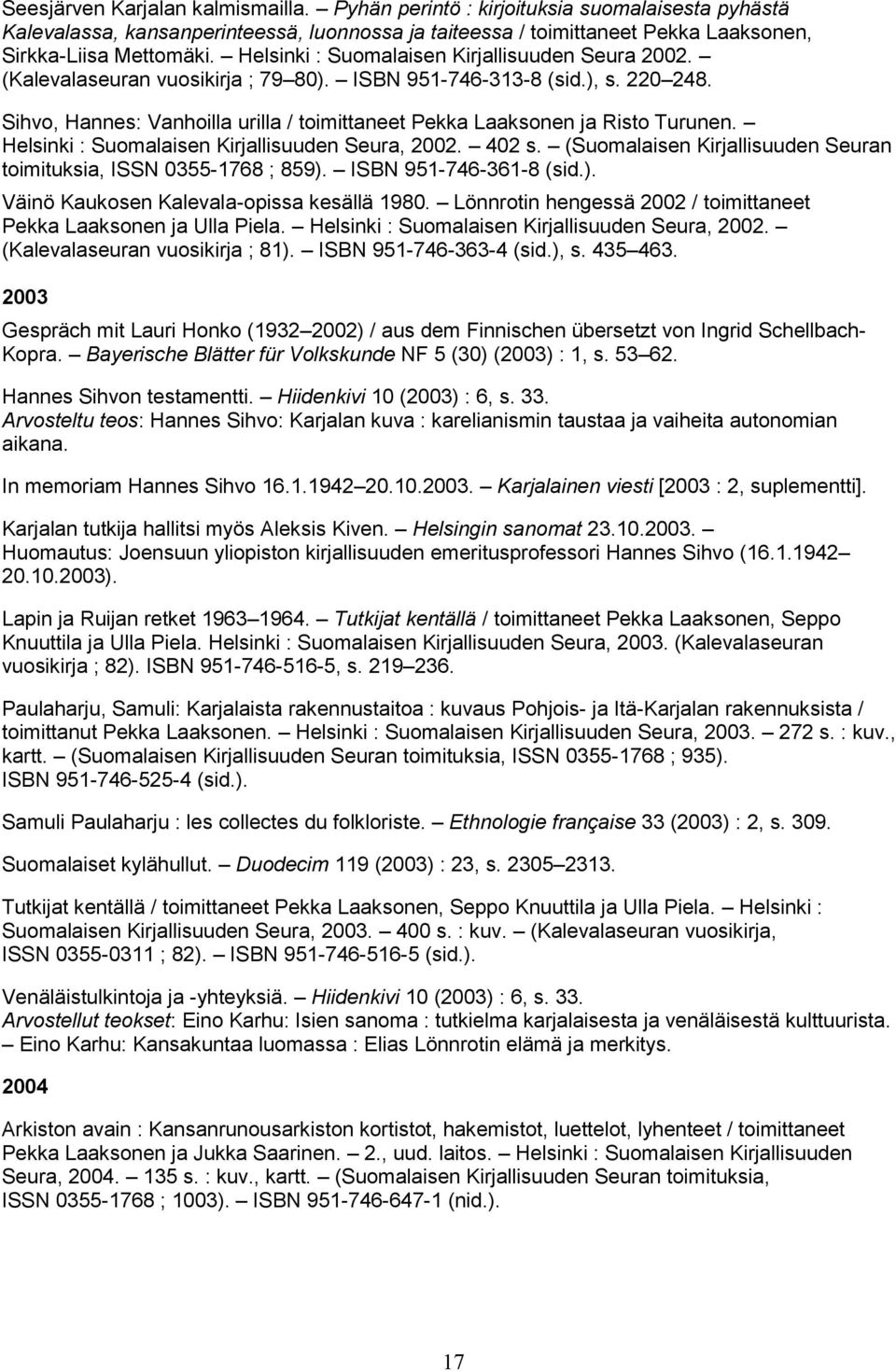 Sihvo, Hannes: Vanhoilla urilla / toimittaneet Pekka Laaksonen ja Risto Turunen. Helsinki : Suomalaisen Kirjallisuuden Seura, 2002. 402 s.