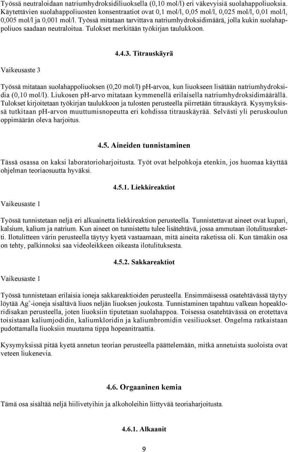 Työssä mitataan tarvittava natriumhydroksidimäärä, jolla kukin suolahappoliuos saadaan neutraloitua. Tulokset merkitään työkirjan taulukkoon. Vaikeusaste 3 