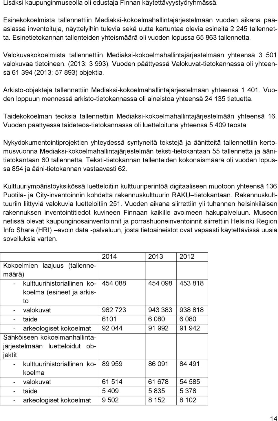 Esinetietokannan tallenteiden yhteismäärä oli vuoden lopussa 65 863 tallennetta. Valokuvakokoelmista tallennettiin Mediaksi-kokoelmahallintajärjestelmään yhteensä 3 501 valokuvaa tietoineen.