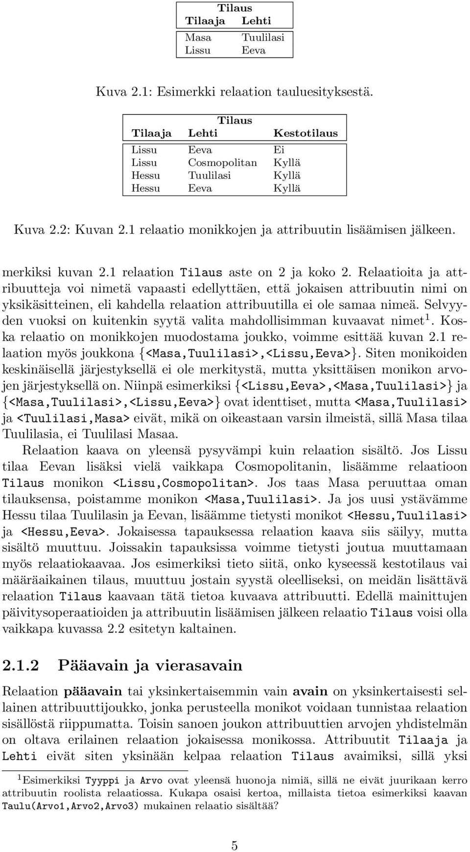 merkiksi kuvan 2.1 relaation Tilaus aste on 2 ja koko 2.