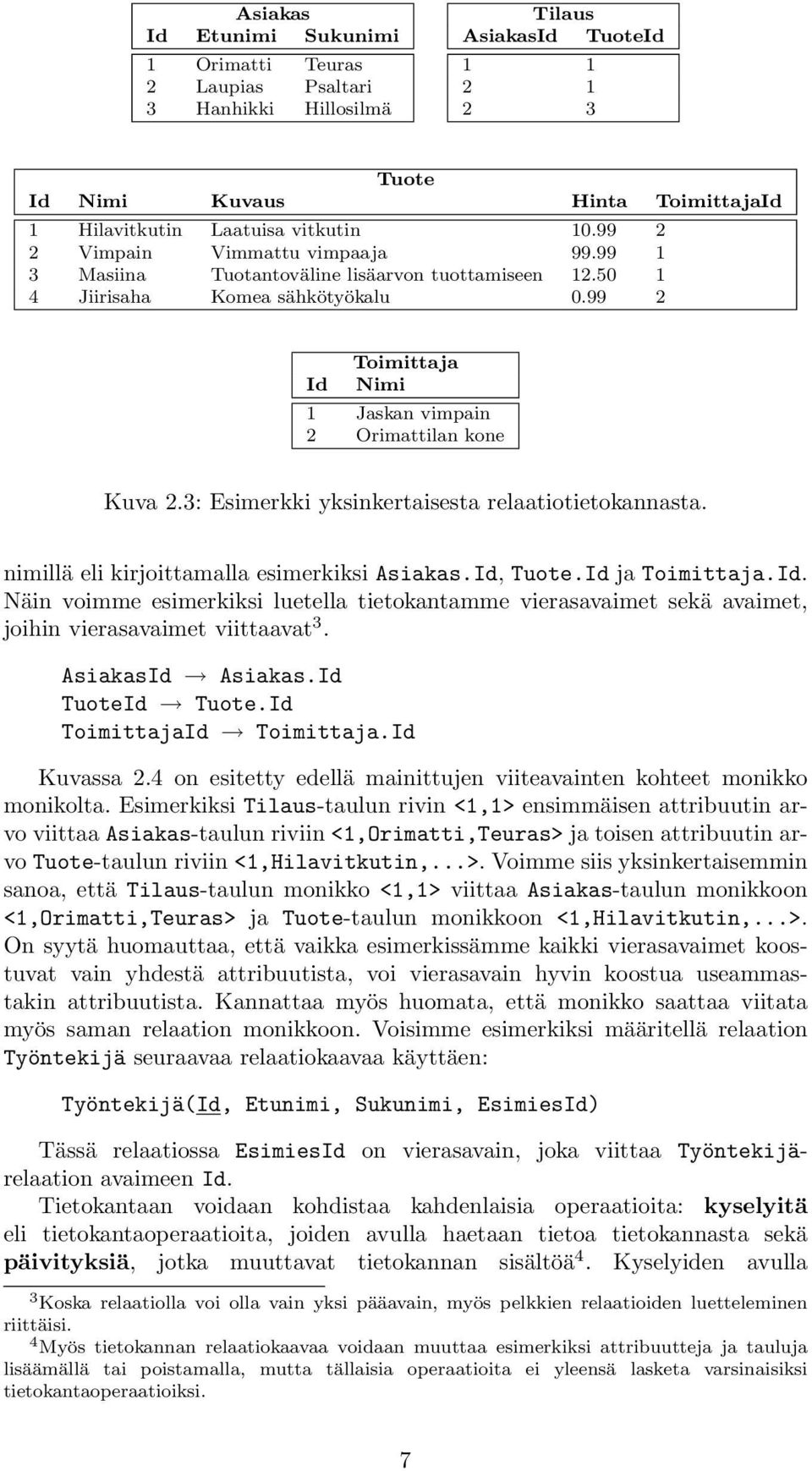 3: Esimerkki yksinkertaisesta relaatiotietokannasta. nimillä eli kirjoittamalla esimerkiksi Asiakas.Id,