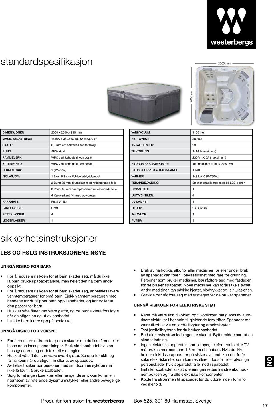 kompositt 230 V 1x25A (maksimum) YTTERPANEL: WPC vedlikeholdsfri kompositt HYDROMASSASJEPUMPE: 1x2 hastighet (3 hk = 2,250 W) TERMOLOKK: 1 (12-7 cm) BALBOA BP2100 + TP600-PANEL: 1 sett ISOLASJON: 1