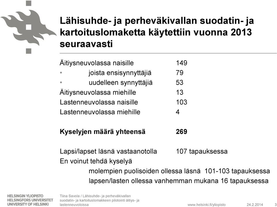 103 Lastenneuvolassa miehille 4 Kyselyjen määrä yhteensä 269 Lapsi/lapset läsnä vastaanotolla 107 tapauksessa En voinut