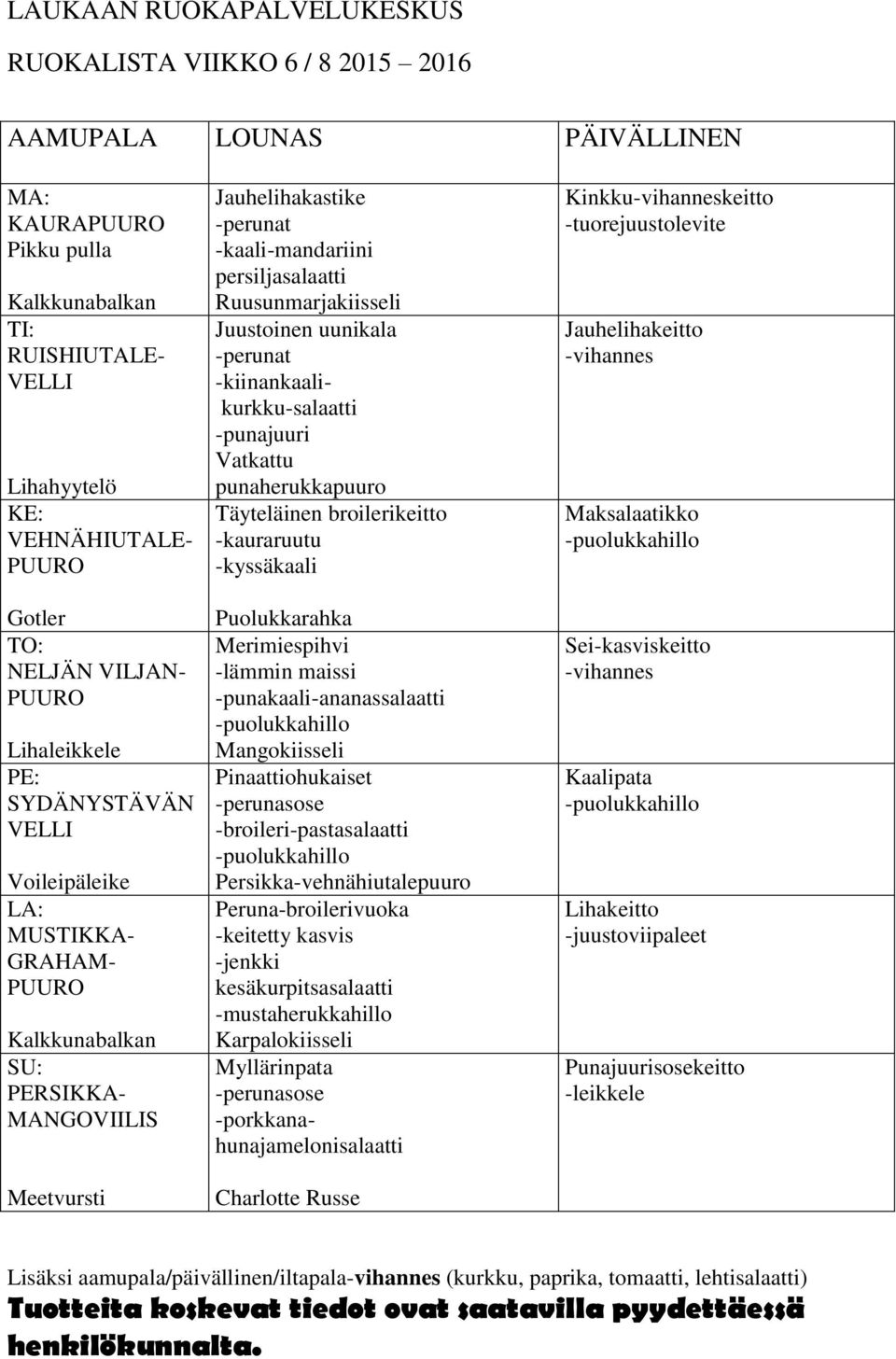 Merimiespihvi -lämmin maissi -punakaali-ananassalaatti Mangokiisseli Pinaattiohukaiset -broileri-pastasalaatti Persikka-vehnähiutalepuuro Peruna-broilerivuoka -keitetty kasvis -jenkki