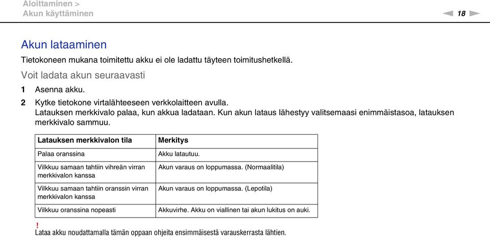 Latauksen merkkivalon tila Palaa oranssina Vilkkuu samaan tahtiin vihreän virran merkkivalon kanssa Vilkkuu samaan tahtiin oranssin virran merkkivalon kanssa Vilkkuu oranssina nopeasti Merkitys