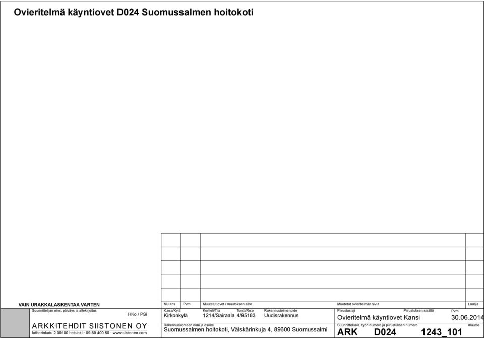 Kirkonkylä 1214/Sairaala 4/95183 Rakennuskohteen nimi ja osoite,