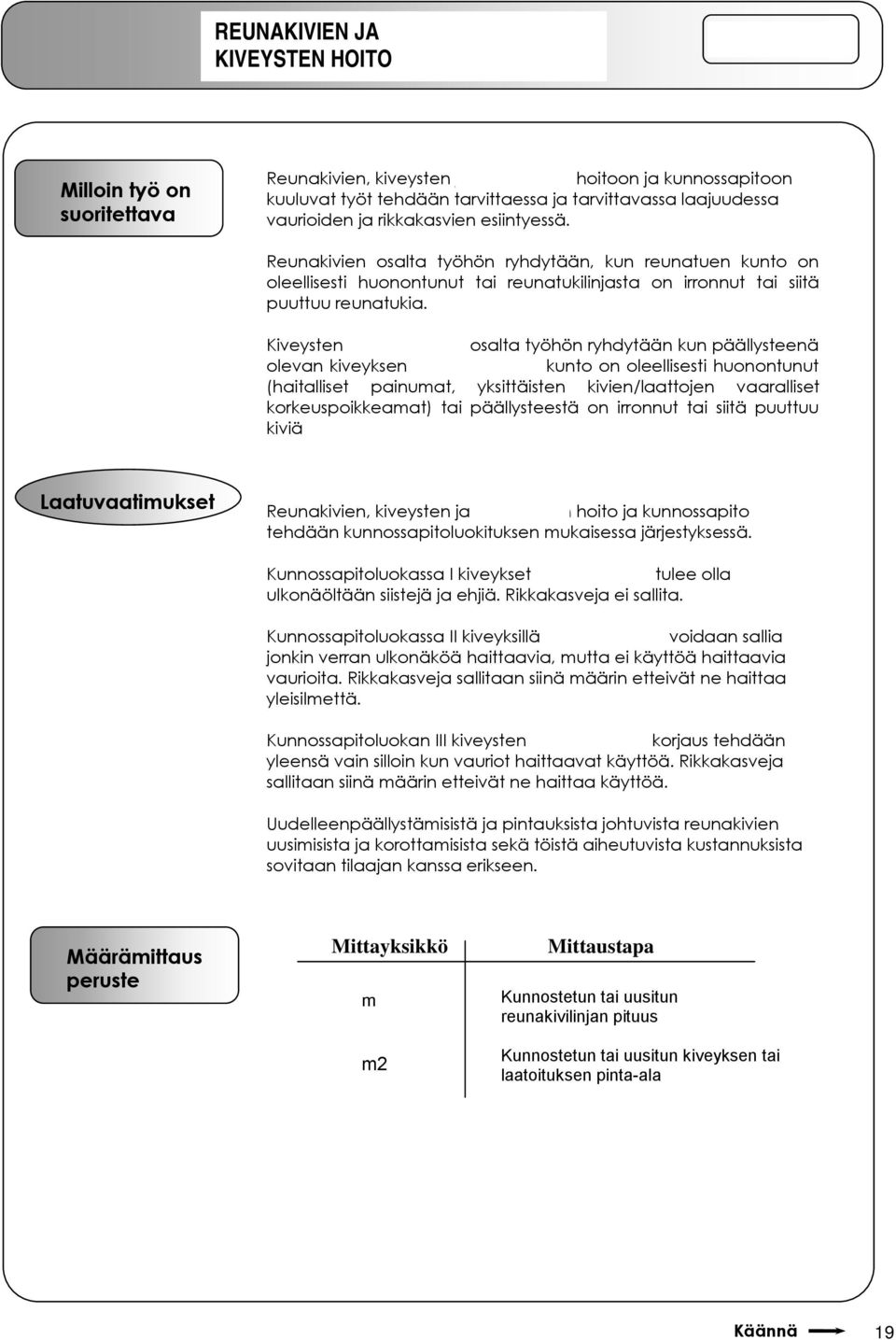 esiintyessä. Reunakivien osalta työhön ryhdytään, kun reunatuen kunto on oleellisesti huonontunut tai reunatukilinjasta on irronnut tai siitä puuttuu reunatukia.