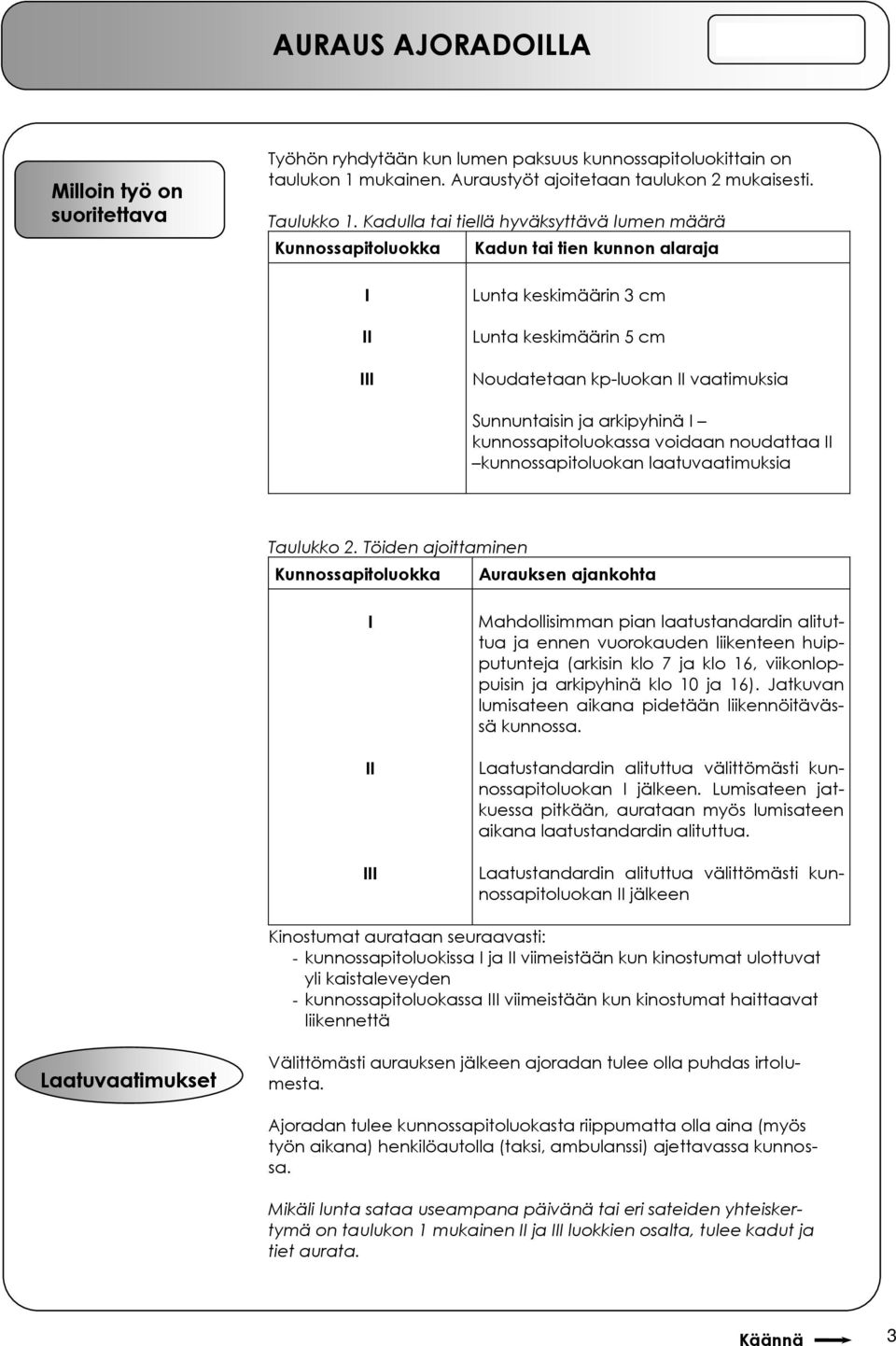 ja arkipyhinä I kunnossapitoluokassa voidaan noudattaa II kunnossapitoluokan laatuvaatimuksia Taulukko 2.