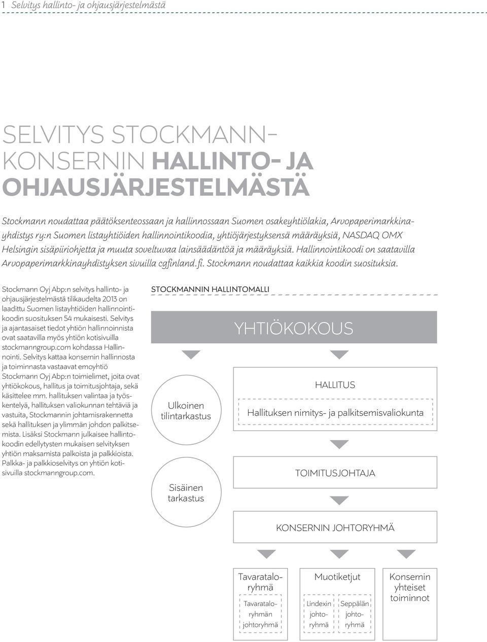 Hallinnointikoodi on saatavilla Arvopaperimarkkinayhdistyksen sivuilla cgfinland.fi. Stockmann noudattaa kaikkia koodin suosituksia.