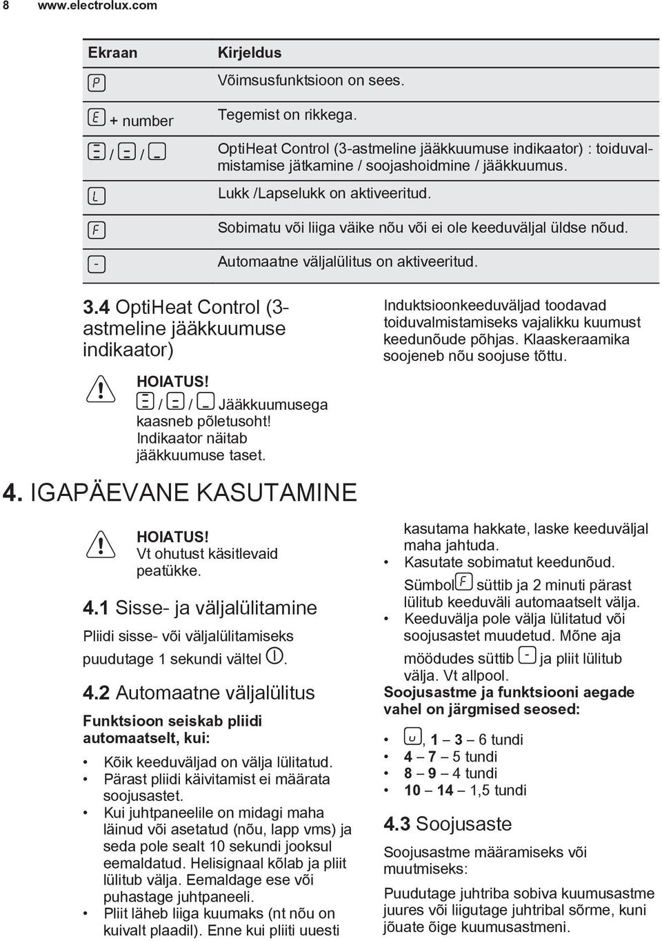 4 OptiHeat Control (3- astmeline jääkkuumuse indikaator) HOIATUS! / / Jääkkuumusega kaasneb põletusoht! Indikaator näitab jääkkuumuse taset. 4. IGAPÄEVANE KASUTAMINE HOIATUS!