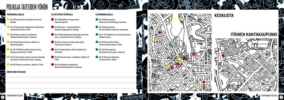 Kasvitieteellinen puutarha, Kaisaniemi Klo 18 Human agenda, installaatio, Pikkuparlamentin puisto, keskusta Klo 19 Kokemuksellisen kaupungin konsultti, Info- ja näyttelytila Laituri, Kamppi Klo 17