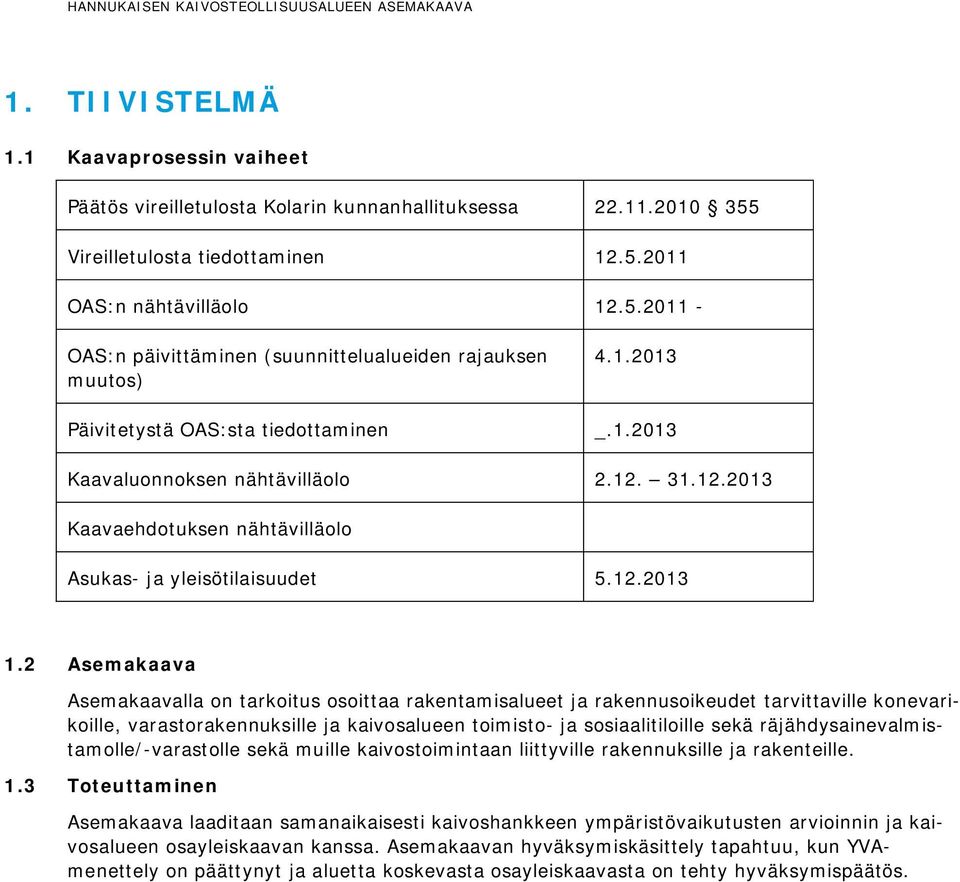 12. 31.12.2013 Kaavaehdotuksen nähtävilläolo Asukas- ja yleisötilaisuudet 5.12.2013 1.