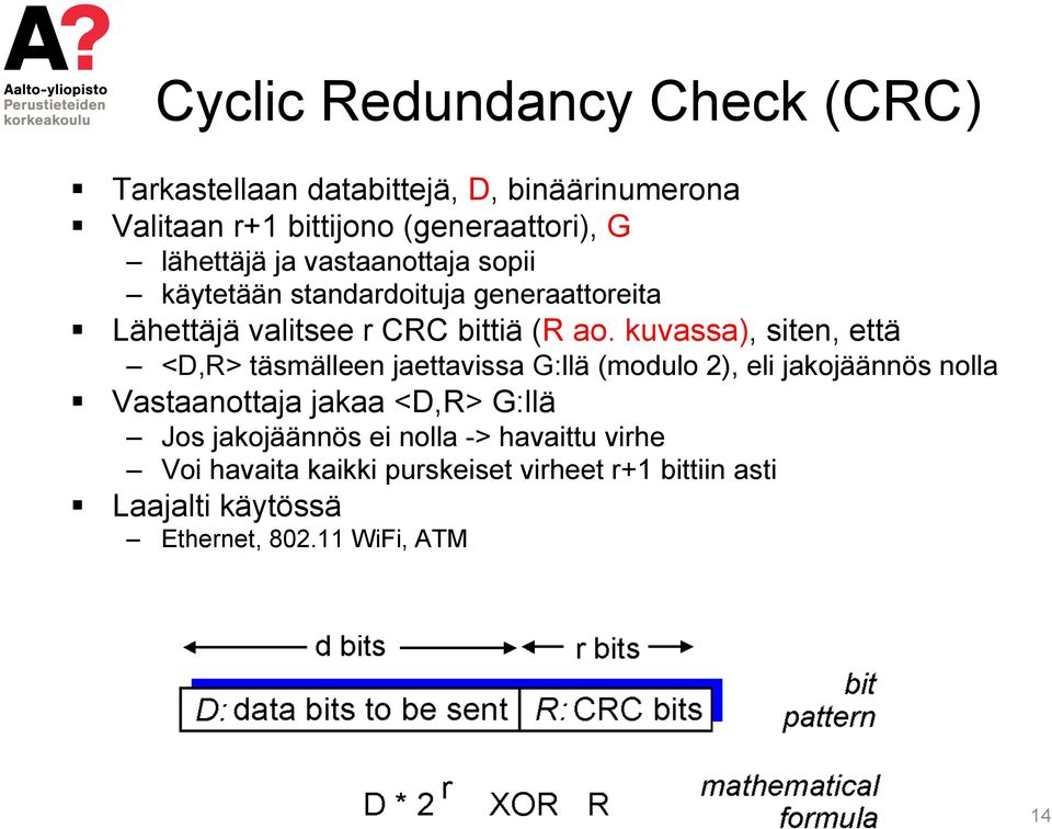 kuvassa), siten, että <D,R> täsmälleen jaettavissa G:llä (modulo 2), eli jakojäännös nolla Vastaanottaja jakaa <D,R> G:llä