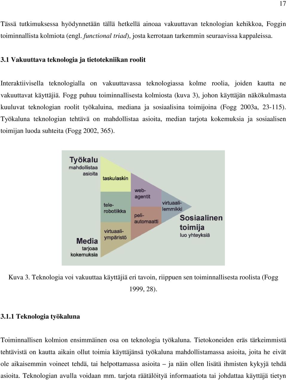Fogg puhuu toiminnallisesta kolmiosta (kuva 3), johon käyttäjän näkökulmasta kuuluvat teknologian roolit työkaluina, mediana ja sosiaalisina toimijoina (Fogg 2003a, 23-115).