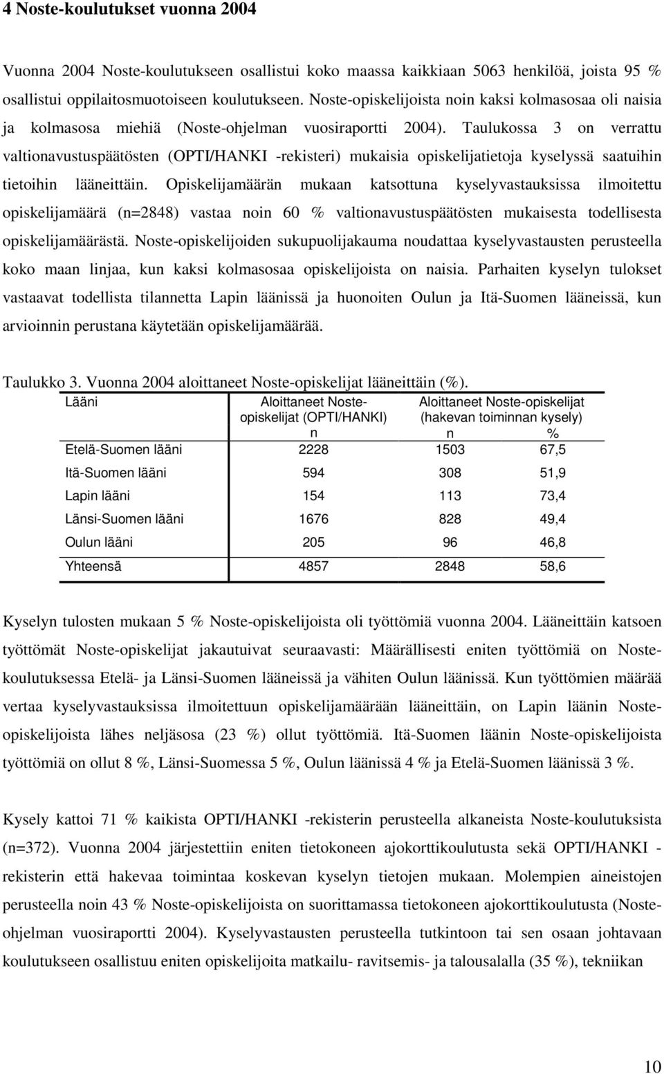 Taulukossa 3 on verrattu valtionavustuspäätösten (OPTI/HANKI -rekisteri) mukaisia opiskelijatietoja kyselyssä saatuihin tietoihin lääneittäin.