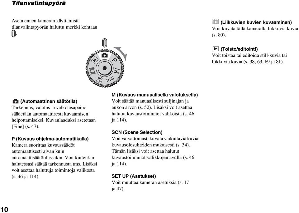 (Automaattinen säätötila) Tarkennus, valotus ja valkotasapaino säädetään automaattisesti kuvaamisen helpottamiseksi. Kuvanlaaduksi asetetaan [Fine] (s. 47).