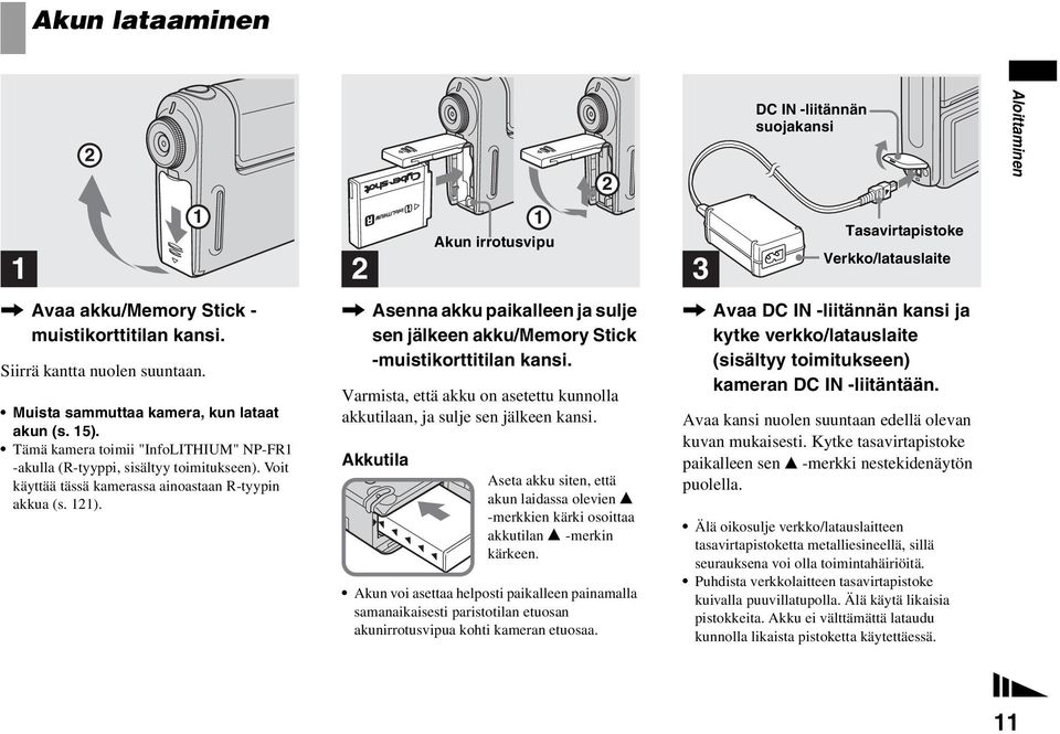 , Asenna akku paikalleen ja sulje sen jälkeen akku/memory Stick -muistikorttitilan kansi. Varmista, että akku on asetettu kunnolla akkutilaan, ja sulje sen jälkeen kansi.