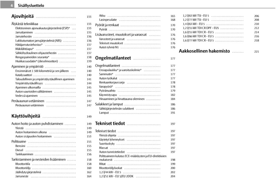 ............. Rengaspaineiden seuranta*................... Hiukkassuodatin* (dieselmoottori)............. Ajaminen ja ympäristö........................ Ensimmäiset 1 500 kilometriä ja sen jälkeen.
