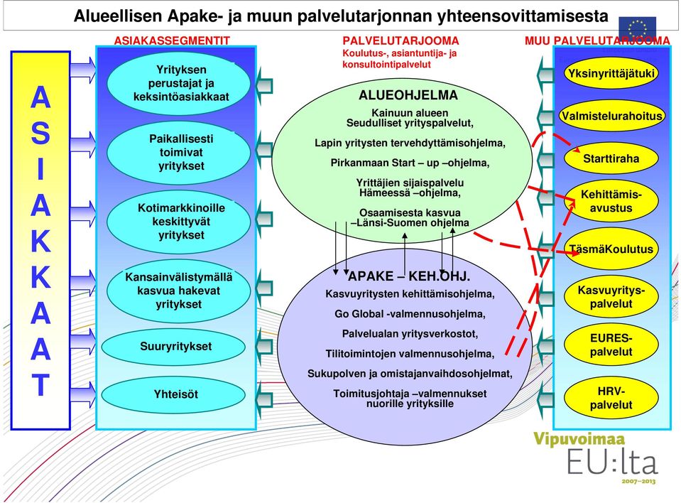 yrityspalvelut, Lapin yritysten tervehdyttämisohjelma, Pirkanmaan Start up ohjelma, Yrittäjien sijaispalvelu Hämeessä ohjelma,. Osaamisesta kasvua Länsi-Suomen ohjelma APAKE KEH.OHJ.