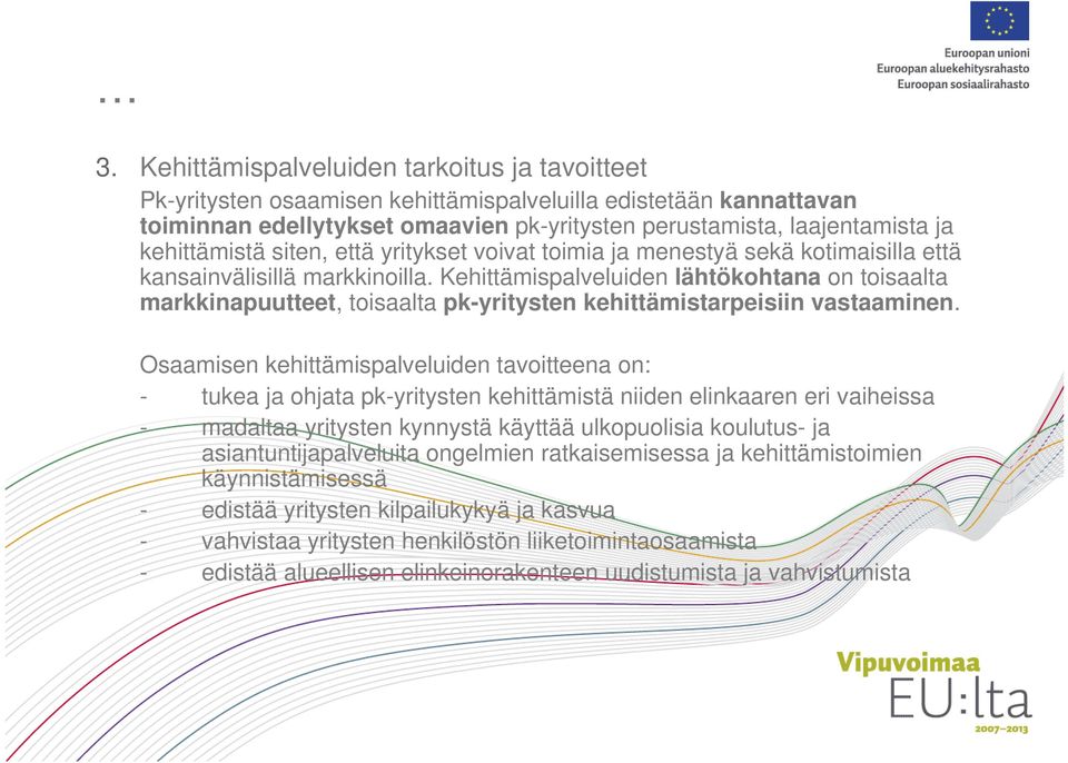 Kehittämispalveluiden lähtökohtana on toisaalta markkinapuutteet, toisaalta pk-yritysten kehittämistarpeisiin vastaaminen.