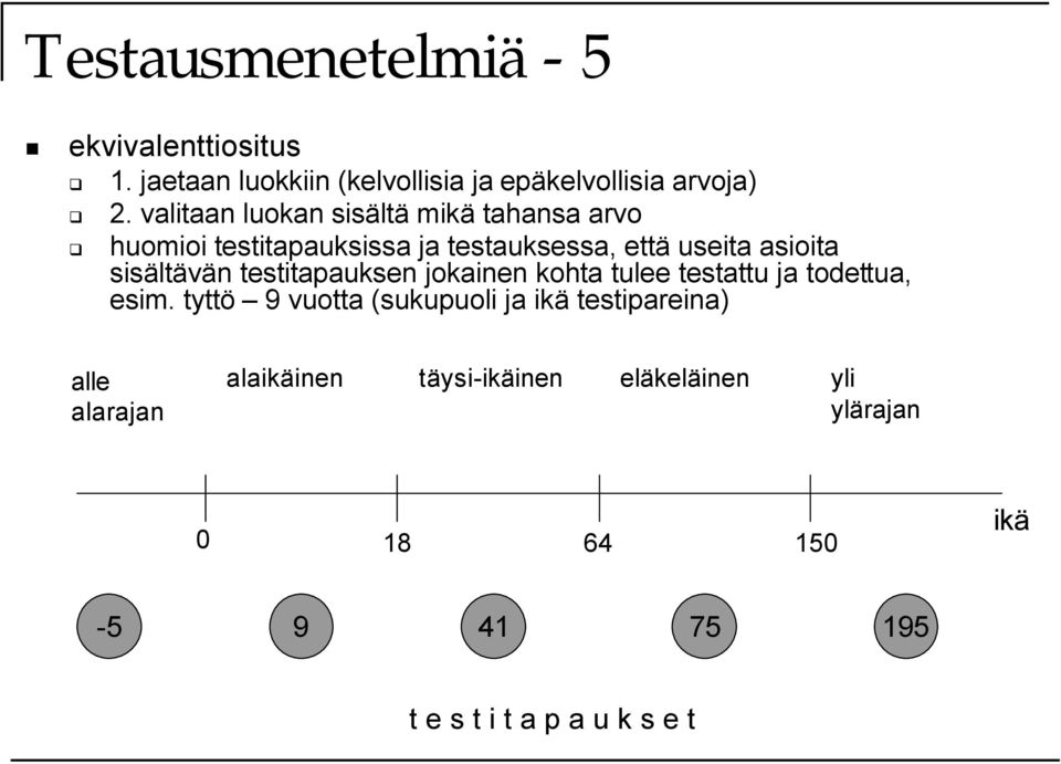 sisältävän testitapauksen jokainen kohta tulee testattu ja todettua, esim.