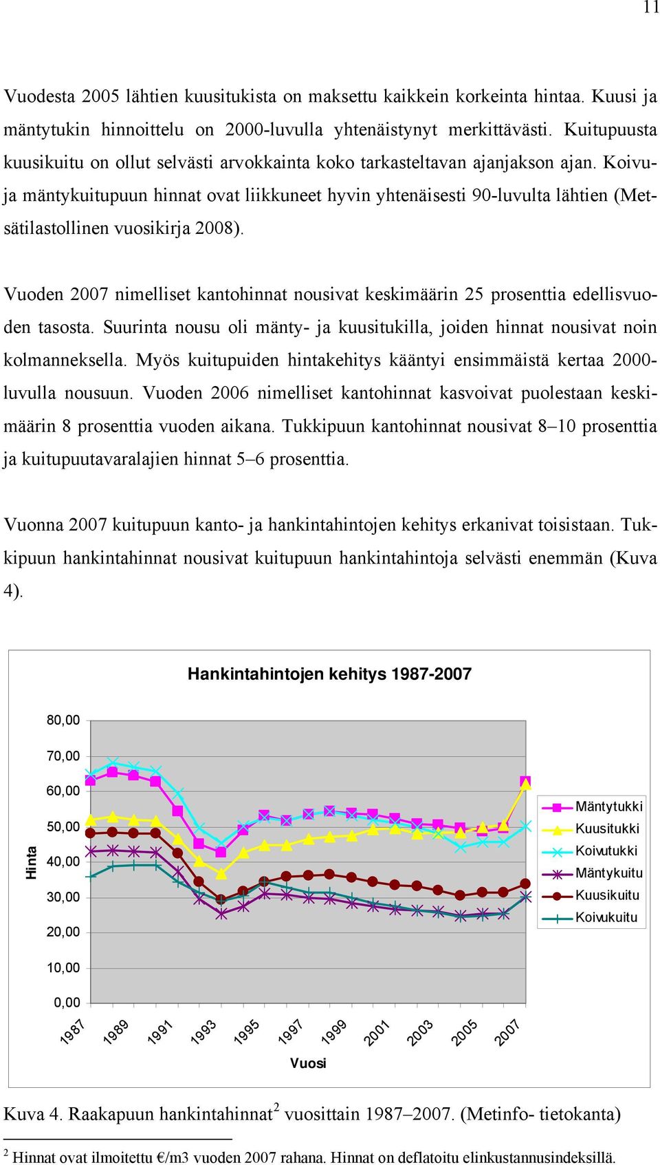 Koivuja mäntykuitupuun hinnat ovat liikkuneet hyvin yhtenäisesti 90-luvulta lähtien (Metsätilastollinen vuosikirja 2008).