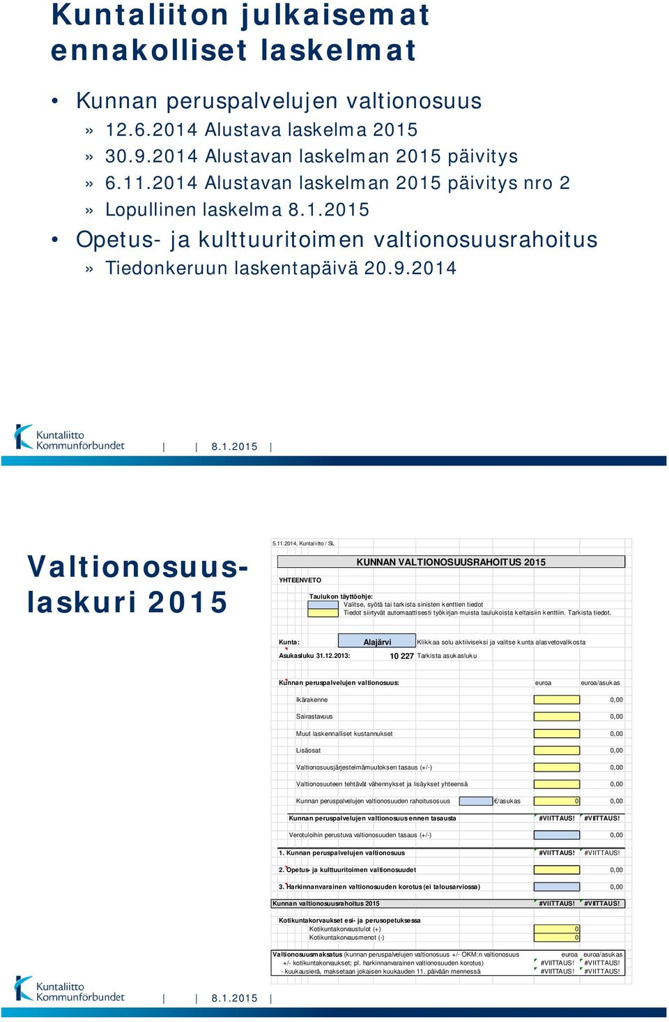 2014, Kuntaliitto / SL YHTEENVETO KUNNAN VALTIONOSUUSRAHOITUS 2015 Taulukon täyttöohje: Valitse, syötä tai tarkista sinisten kenttien tiedot Tiedot siirtyvät automaattisesti työkirjan muista