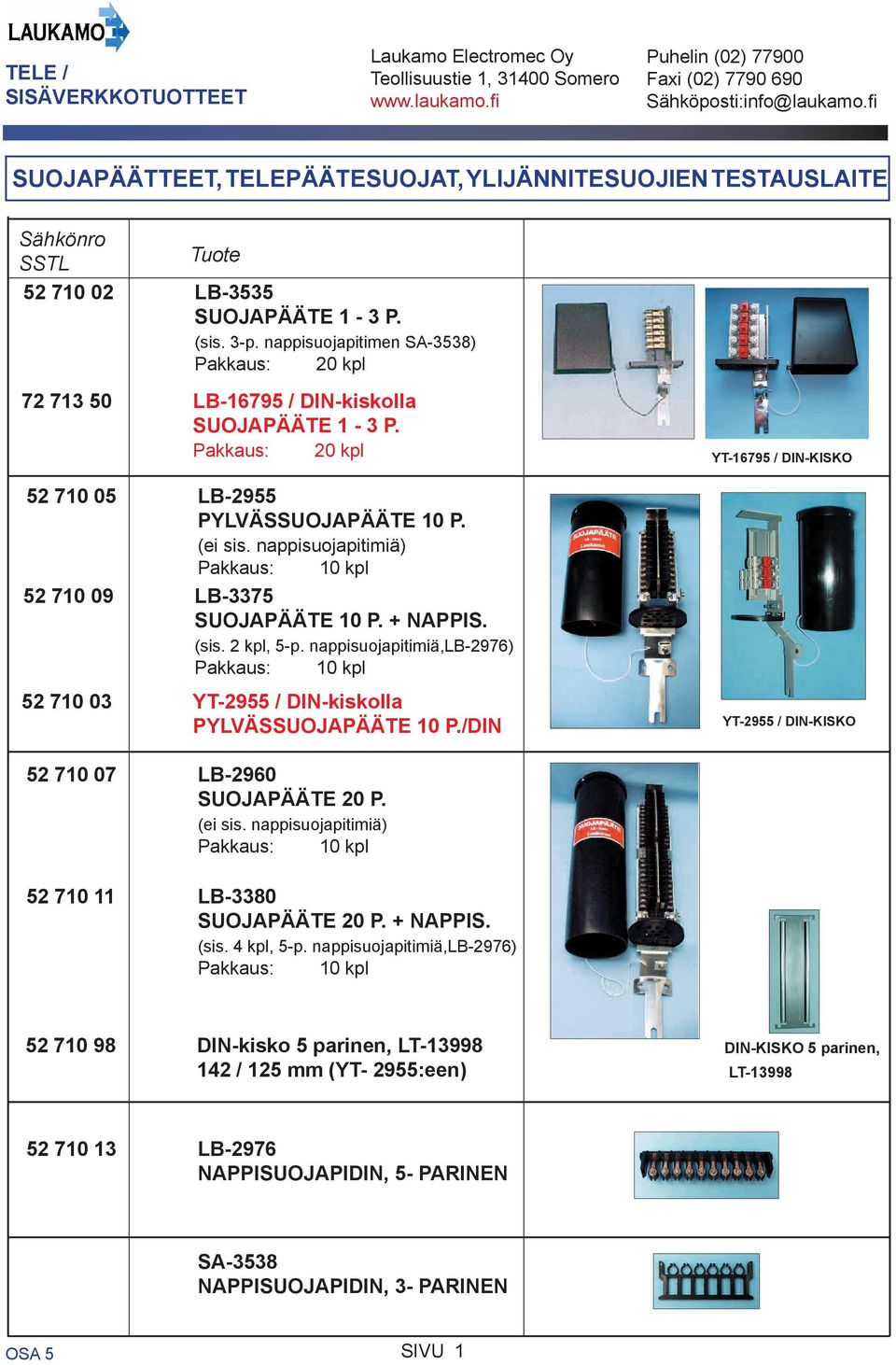 nappisuojapitimiä,lb-2976) Pakkaus: 10 kpl 52 710 03 YT-2955 / DIN-kiskolla PYLVÄSSUOJAPÄÄTE 10 P./DIN YT-2955 / DIN-KISKO 52 710 07 LB-2960 SUOJAPÄÄTE 20 P. (ei sis.