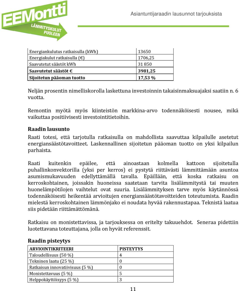 Raadin lausunto Raati totesi, että tarjotulla ratkaisulla on mahdollista saavuttaa kilpailulle asetetut energiansäästötavoitteet. Laskennallinen sijoitetun pääoman tuotto on yksi kilpailun parhaista.