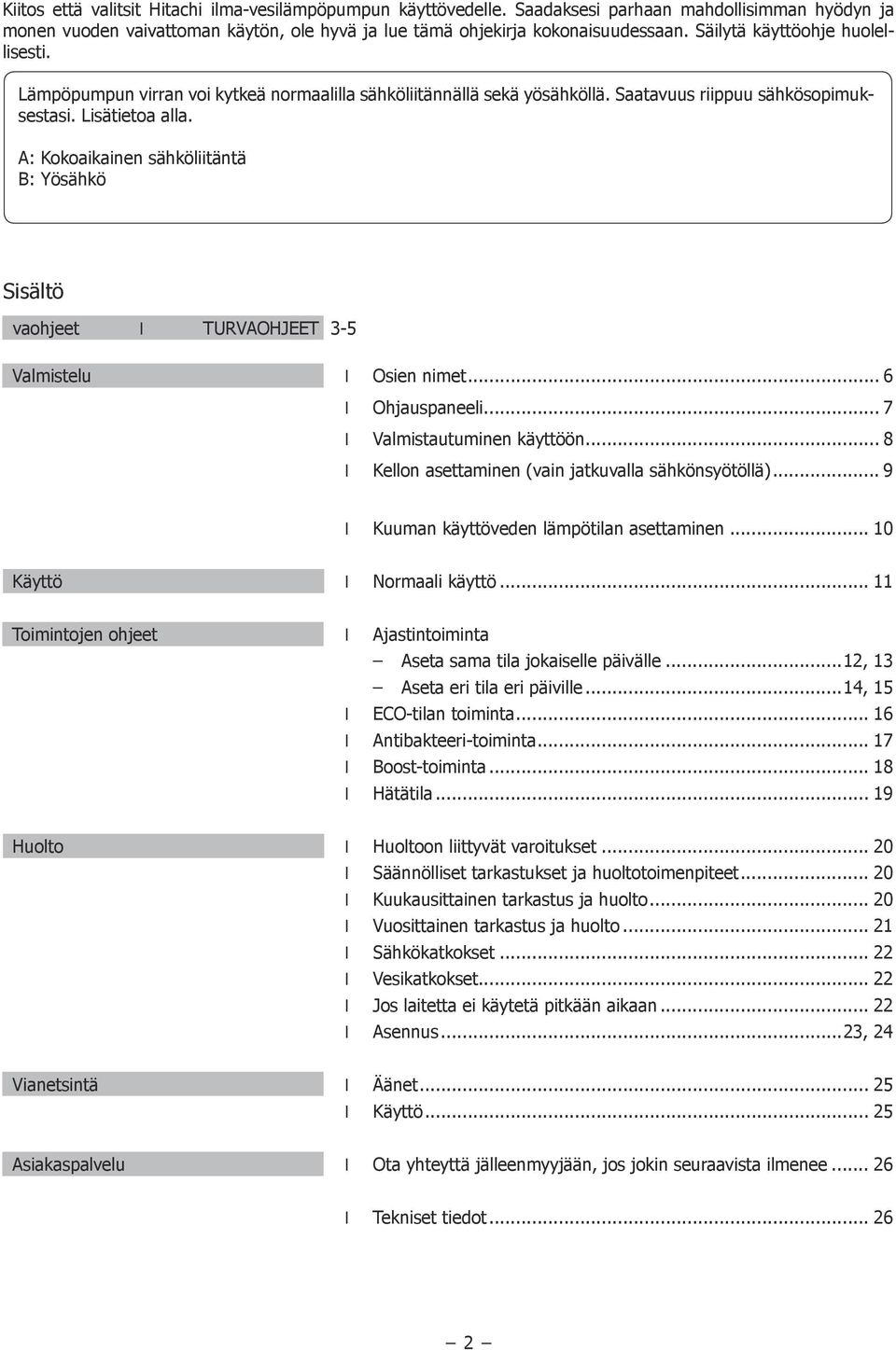 A: Kokoaikainen sähköiitäntä B: Yösähkö Sisätö vaohjeet TURVAOHJEET 3-5 Vamisteu Osien nimet... 6 Ohjauspaneei... 7 Vamistautuminen käyttöön... 8 Keon asettaminen (vain jatkuvaa sähkönsyötöä).