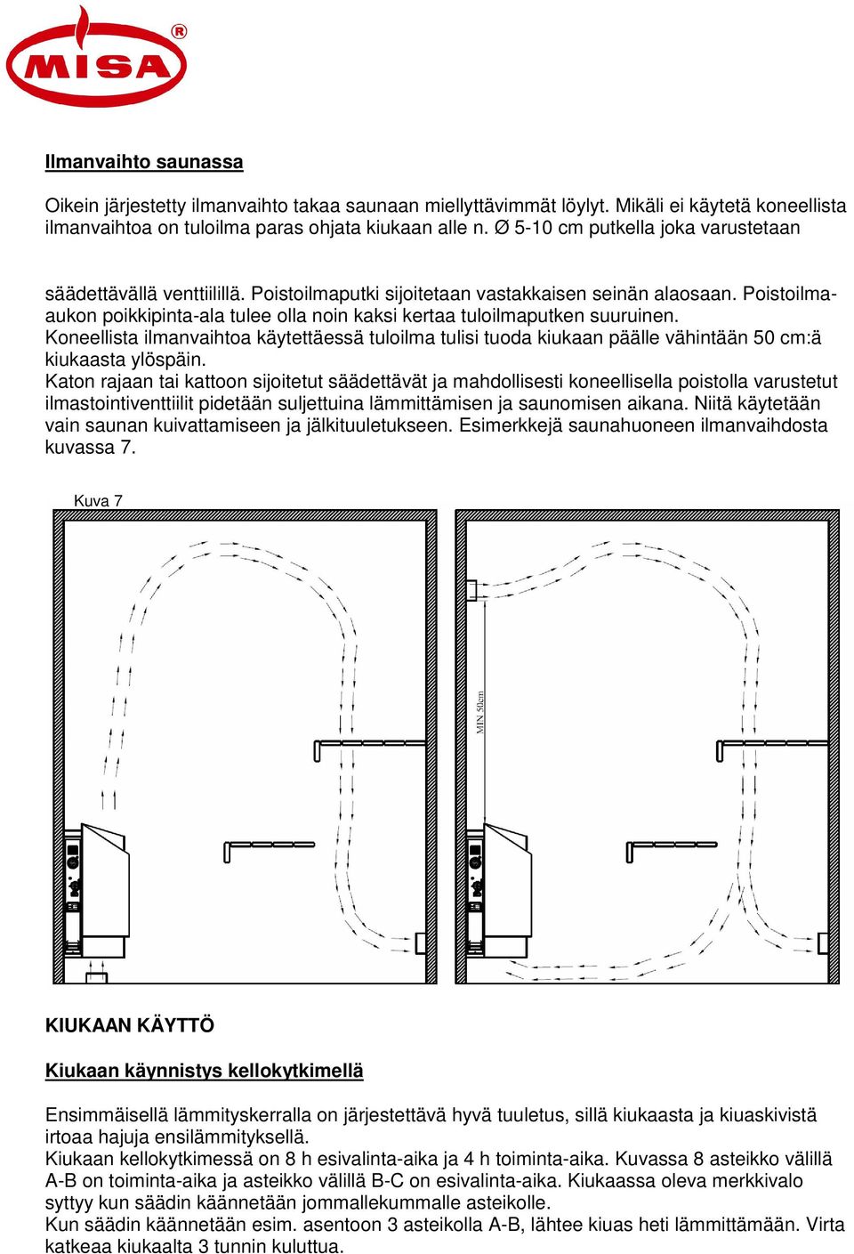 Poistoilmaaukon poikkipinta-ala tulee olla noin kaksi kertaa tuloilmaputken suuruinen. Koneellista ilmanvaihtoa käytettäessä tuloilma tulisi tuoda kiukaan päälle vähintään 50 cm:ä kiukaasta ylöspäin.