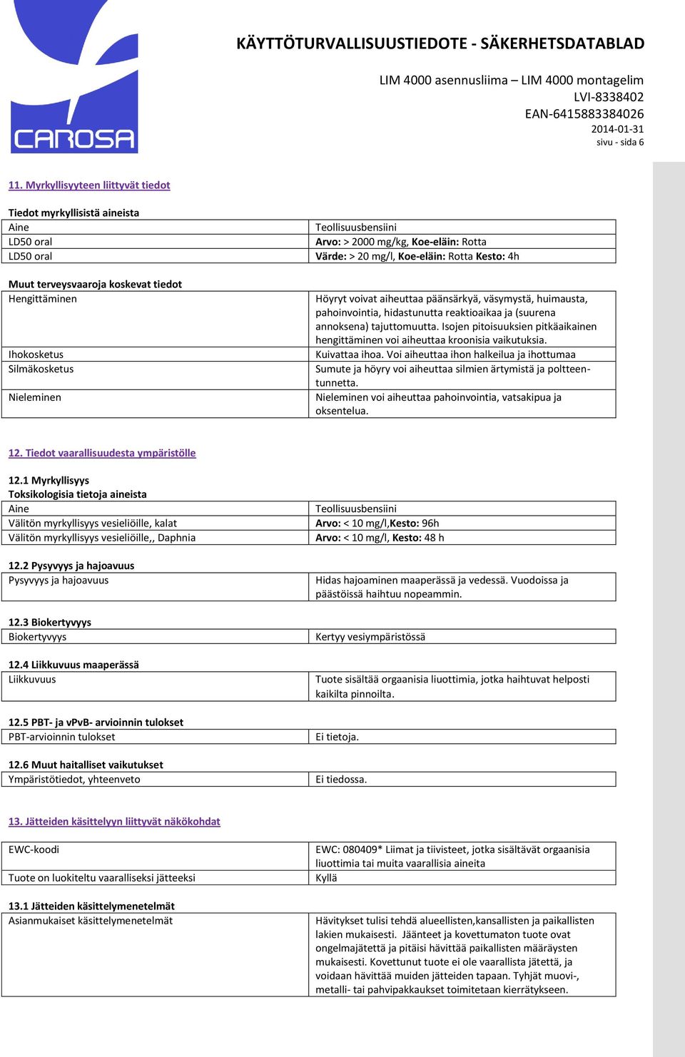 > 2000 mg/kg, Koe-eläin: Rotta Värde: > 20 mg/l, Koe-eläin: Rotta Kesto: 4h Höyryt voivat aiheuttaa päänsärkyä, väsymystä, huimausta, pahoinvointia, hidastunutta reaktioaikaa ja (suurena annoksena)