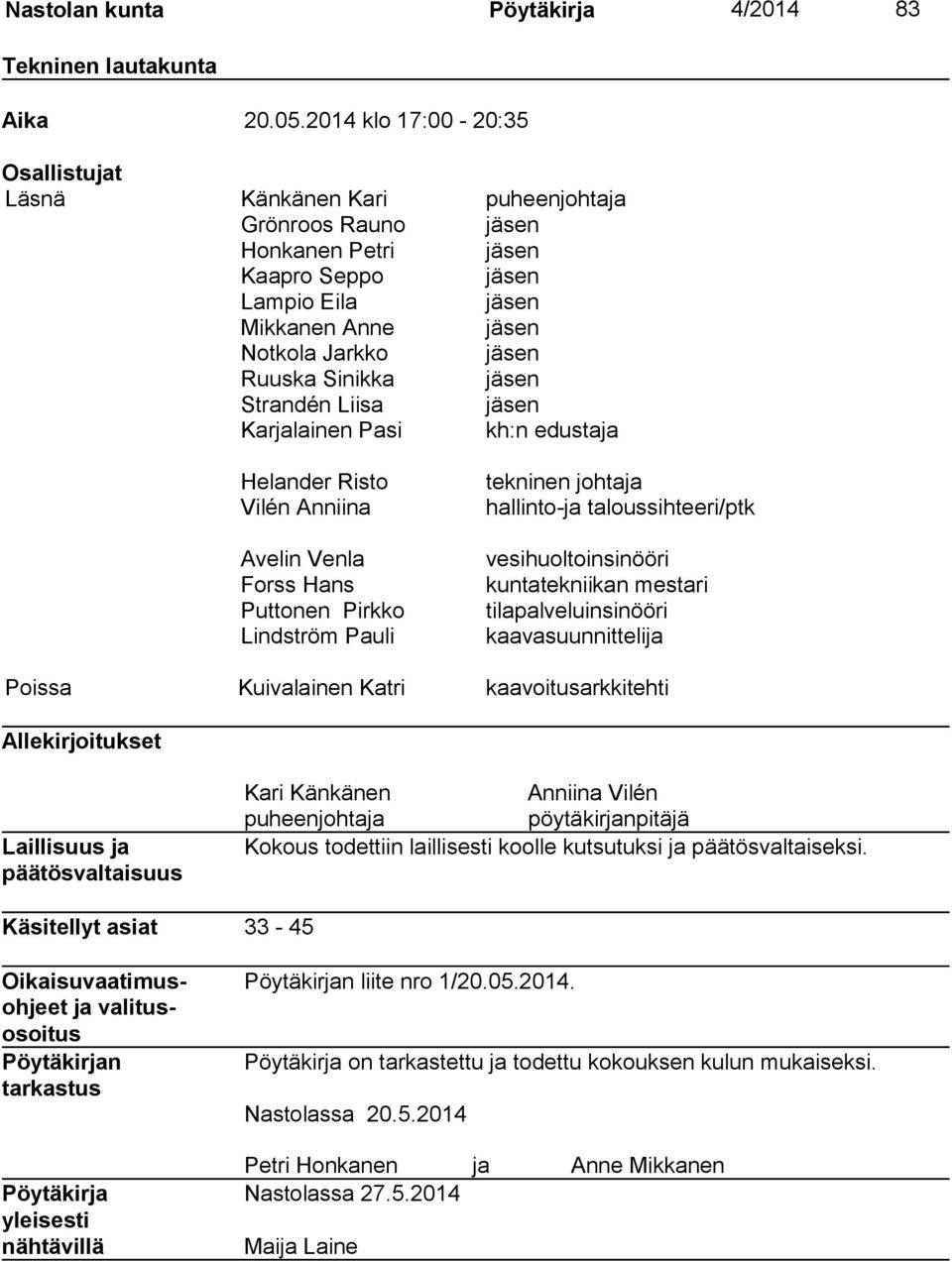 Sinikka jäsen Strandén Liisa jäsen Karjalainen Pasi kh:n edustaja Helander Risto Vilén Anniina Avelin Venla Forss Hans Puttonen Pirkko Lindström Pauli tekninen johtaja hallinto-ja taloussihteeri/ptk