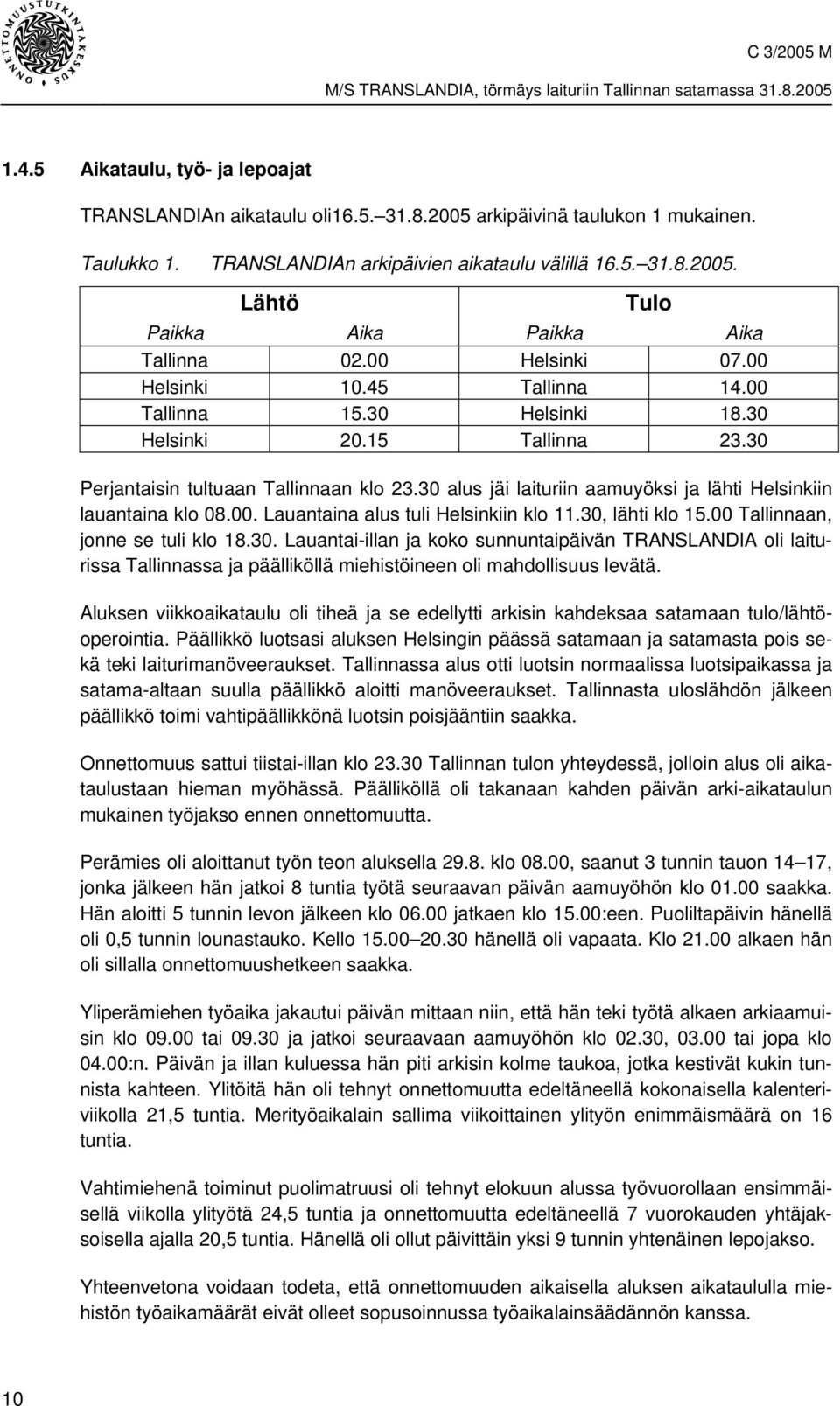 30 alus jäi laituriin aamuyöksi ja lähti Helsinkiin lauantaina klo 08.00. Lauantaina alus tuli Helsinkiin klo 11.30, lähti klo 15.00 Tallinnaan, jonne se tuli klo 18.30. Lauantai-illan ja koko sunnuntaipäivän TRANSLANDIA oli laiturissa Tallinnassa ja päälliköllä miehistöineen oli mahdollisuus levätä.