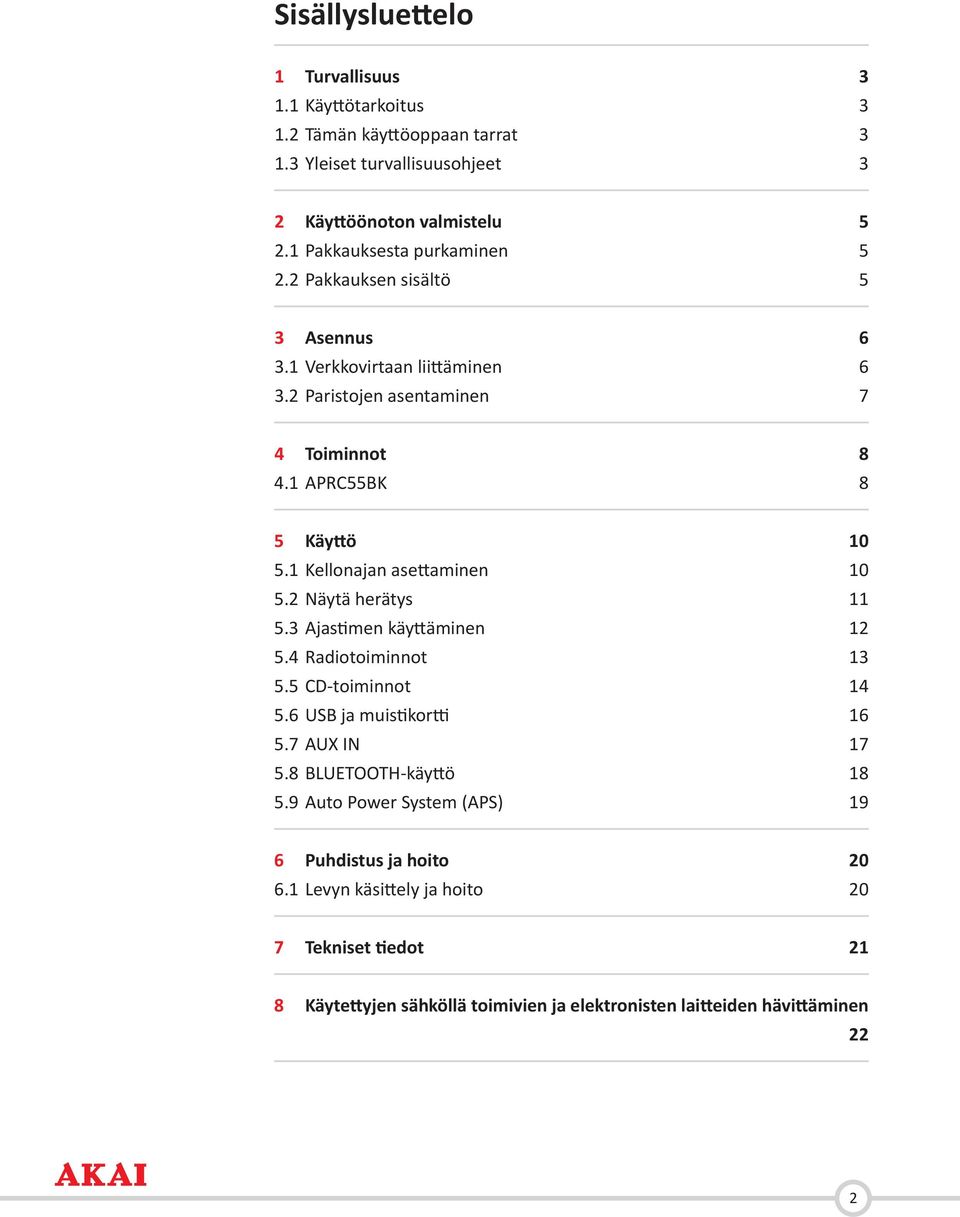 1 Kellonajan asettaminen 10 5.2 Näytä herätys 5.3 Ajastimen käyttäminen 12 5.4 Radiotoiminnot 13 5.5 CD-toiminnot 14 5.6 USB ja muistikortti 16 5.7 AUX IN 17 5.