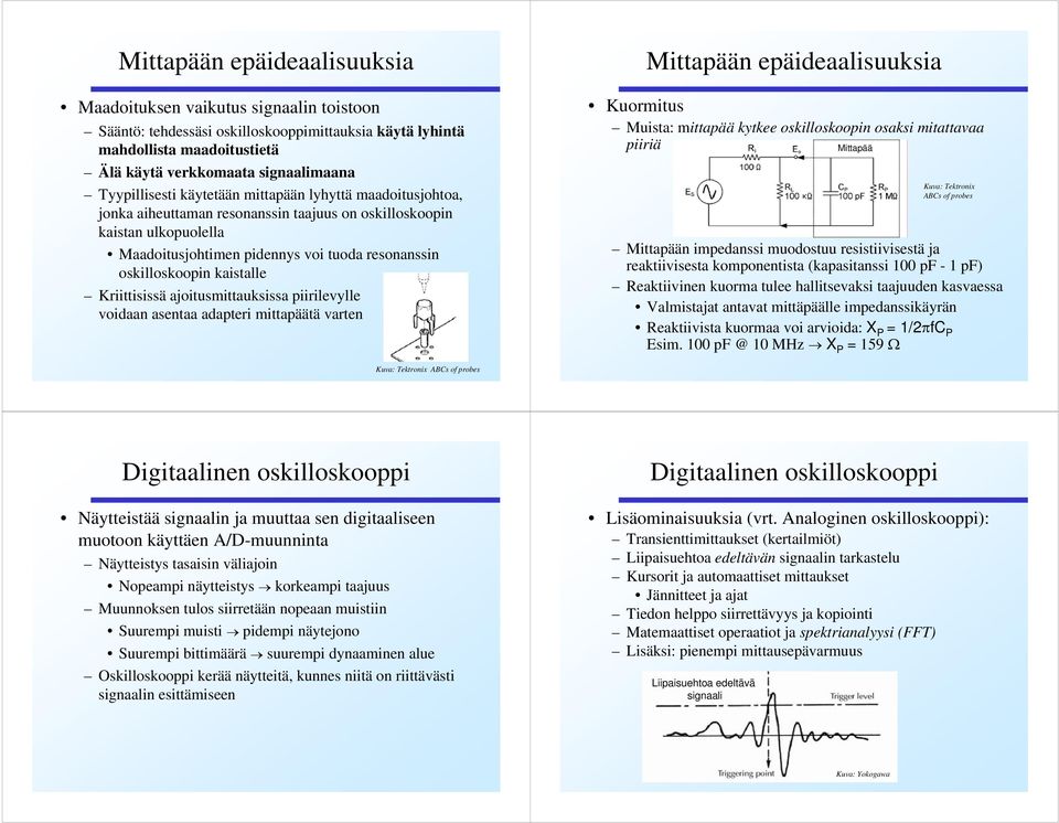 kaistalle Kriittisissä ajoitusmittauksissa piirilevylle voidaan asentaa adapteri mittapäätä varten Mittapään epäideaalisuuksia Kuormitus Muista: mittapää kytkee oskilloskoopin osaksi mitattavaa