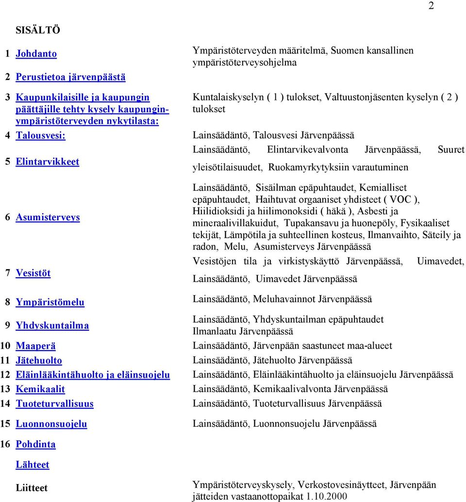 Elintarvikevalvonta Järvenpäässä, Suuret 5 Elintarvikkeet yleisötilaisuudet, Ruokamyrkytyksiin varautuminen 6 Asumisterveys 7 Vesistöt Lainsäädäntö, Sisäilman epäpuhtaudet, Kemialliset epäpuhtaudet,