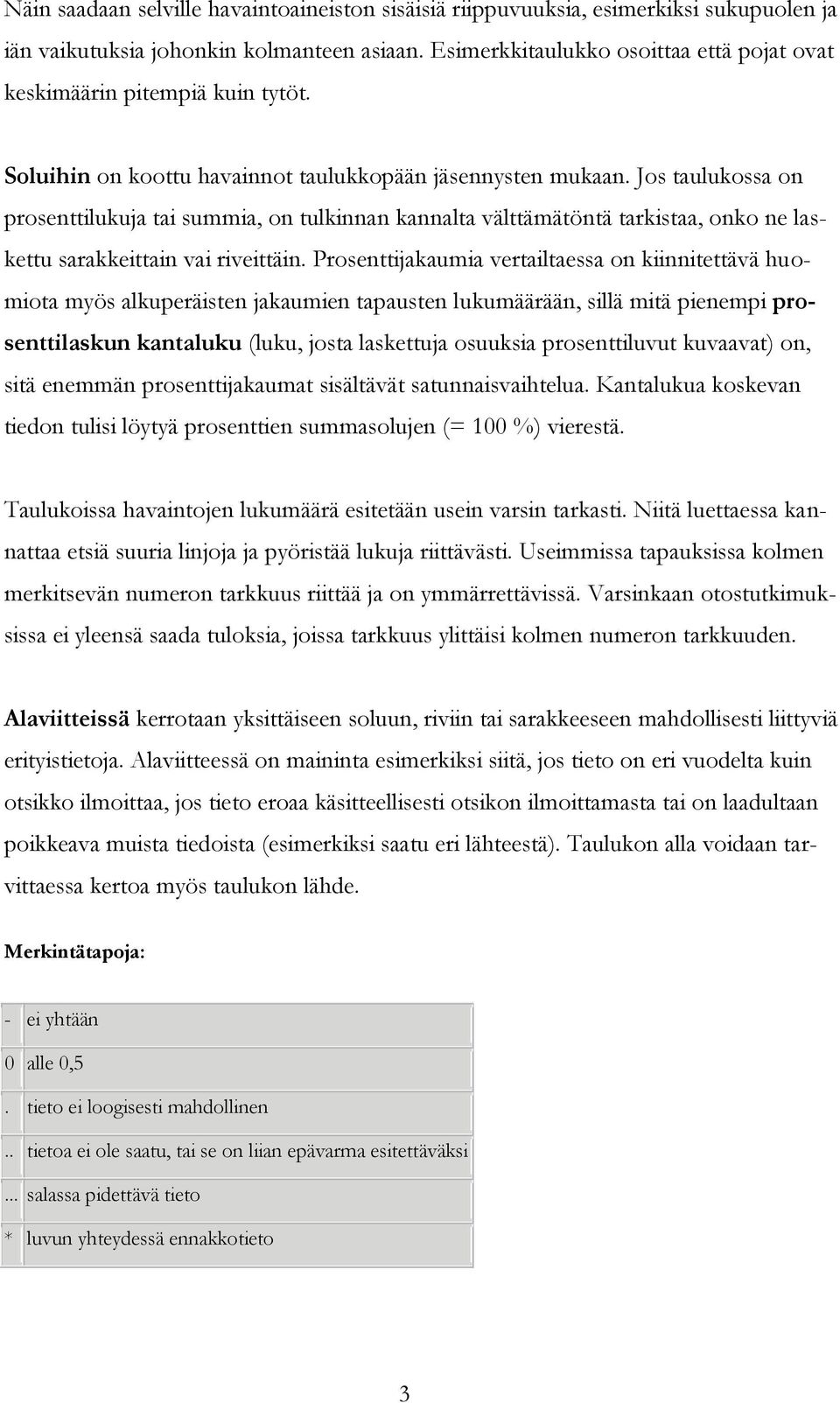 Jos taulukossa on prosenttilukuja tai summia, on tulkinnan kannalta välttämätöntä tarkistaa, onko ne laskettu sarakkeittain vai riveittäin.