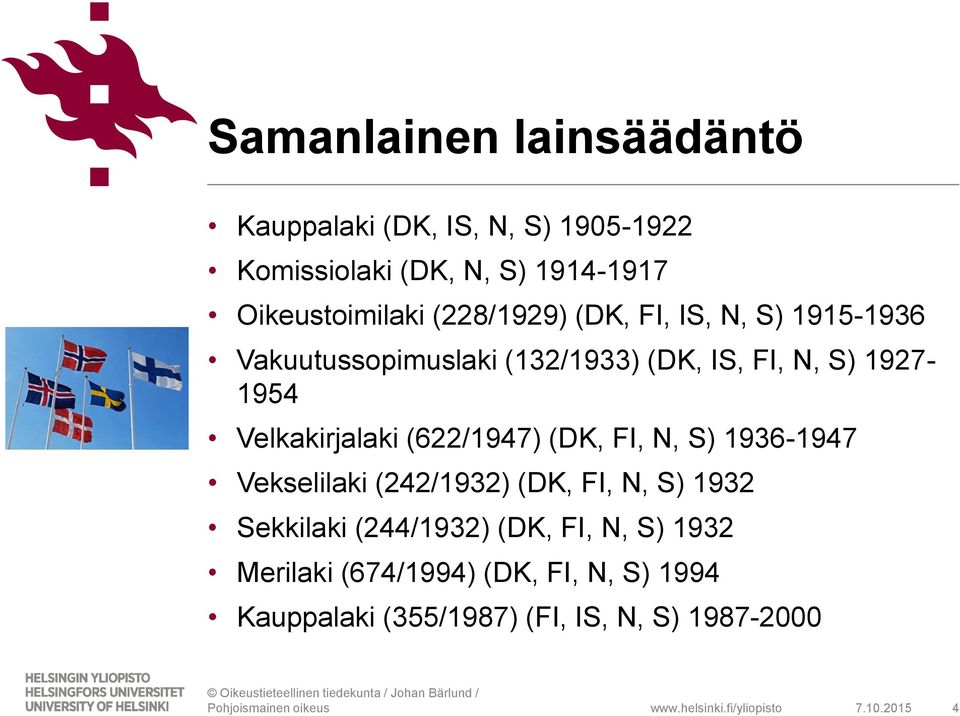 Velkakirjalaki (622/1947) (DK, FI, N, S) 1936-1947 Vekselilaki (242/1932) (DK, FI, N, S) 1932 Sekkilaki