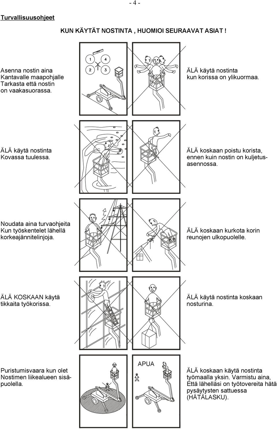 Noudata aina turvaohjeita Kun työskentelet lähellä korkeajännitelinjoja. ÄLÄ koskaan kurkota korin reunojen ulkopuolelle. ÄLÄ KOSKAAN käytä tikkaita työkorissa.