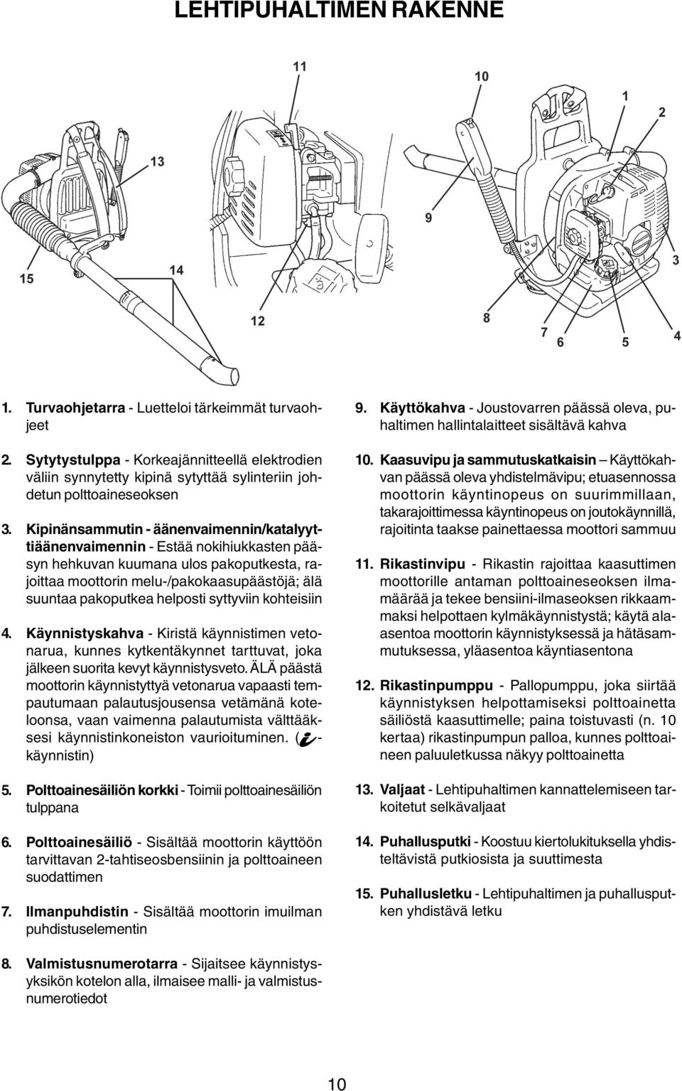 Kipinänsammutin - äänenvaimennin/katalyyttiäänenvaimennin - Estää nokihiukkasten pääsyn hehkuvan kuumana ulos pakoputkesta, rajoittaa moottorin melu-/pakokaasupäästöjä; älä suuntaa pakoputkea