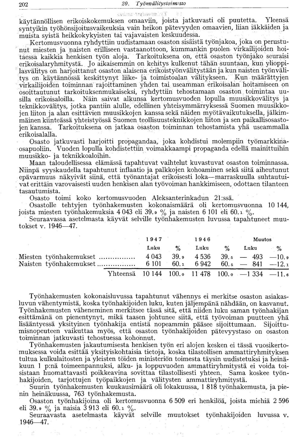 Kertomusvuonna ryhdyttiin uudistamaan osaston sisäistä työnjakoa/joka on perustunut miesten ja naisten erilliseen vastaanottoon, kummankin puolen virkailijoiden hoitaessa kaikkia henkisen työn aloja.