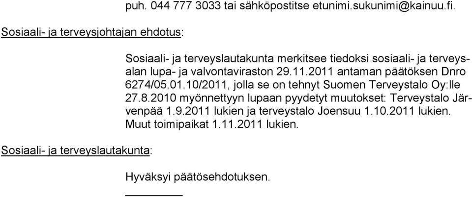 2011 antaman päätöksen Dnro 6274/05.01.10/2011, jolla se on tehnyt Suomen Terveystalo Oy:lle 27.8.