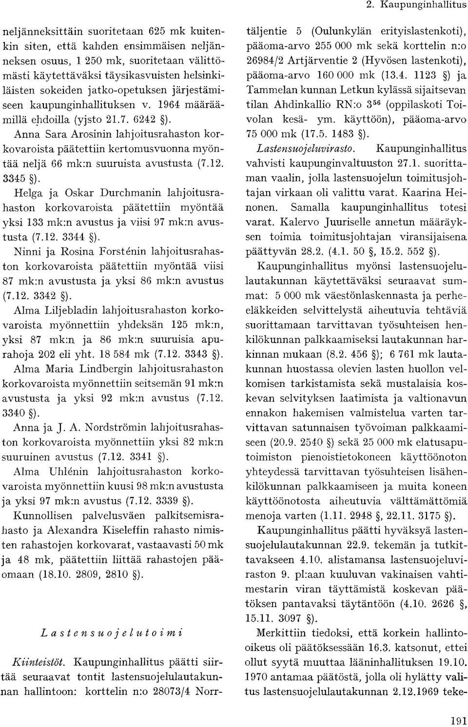 Anna Sara Arosinin lahjoitusrahaston korkovaroista päätettiin kertomusvuonna myöntää neljä 66 mk:n suuruista avustusta (7.12. 3345 ).